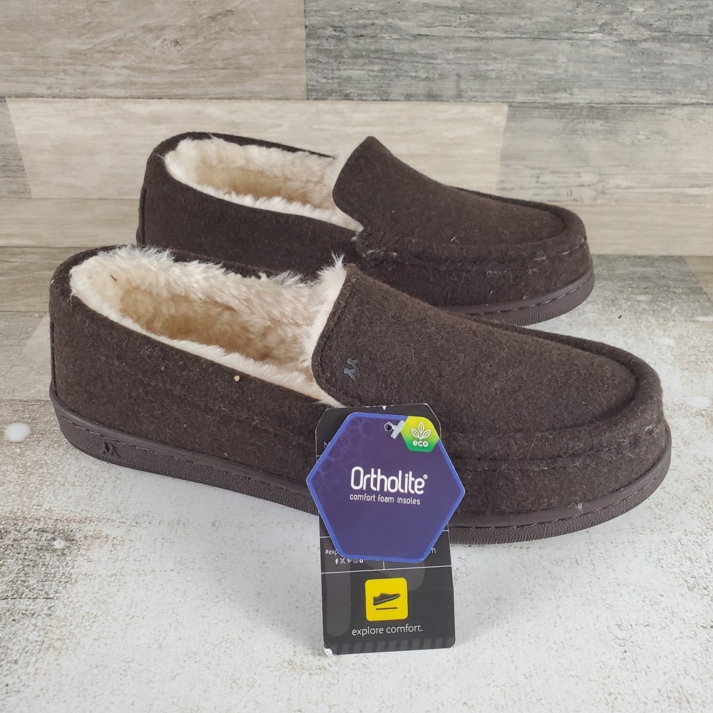 Mykos Harrison Mens Moccasin Slippers Sz 11 Brown Faux Fur Lined Slip On Moc Toe